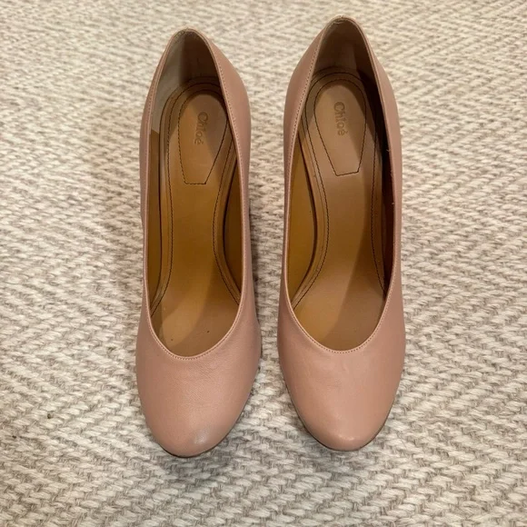 Chloe Nude Neutral Round Toe Block Heels | Size 37.5 - Picture 1 of 5